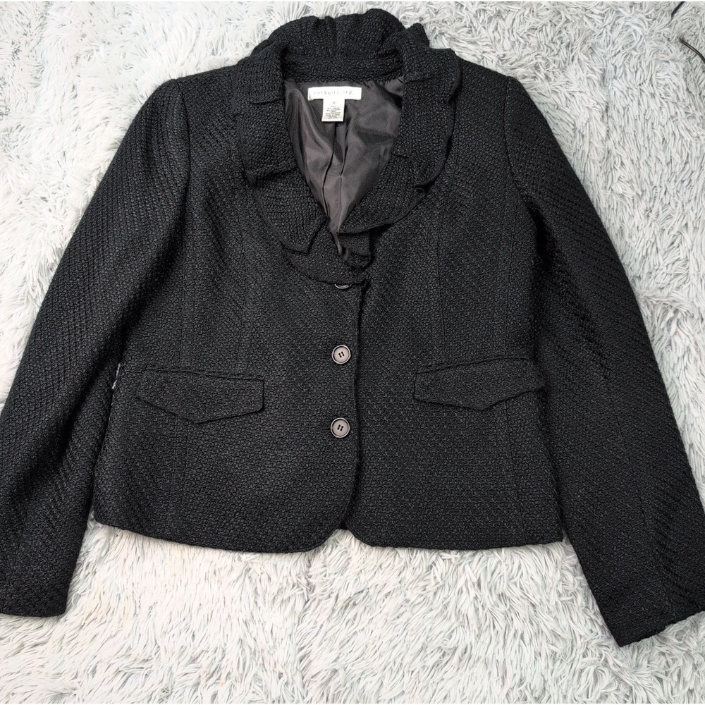 Pursuits Ltd. Jacket Womens 12 Black Blazer Button Up Preppy Faux Pockets Comfy
